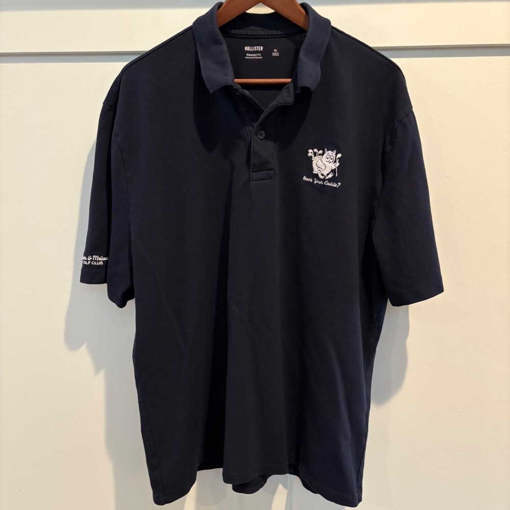 Hollister Mens‎ Polo Shirt XL Navy Relaxed Green & Mellow Golf Casual Funny Owl